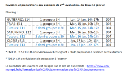 Révisions et préparations aux examens de 2nde évaluation en L1, du 14 au 17 janvier