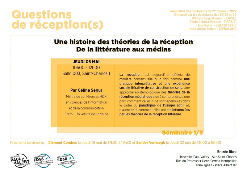 Céline Ségur invitée du séminaire « Questions de réception(s) » le jeudi 5 mai à 10h sur le site Saint-Charles 1