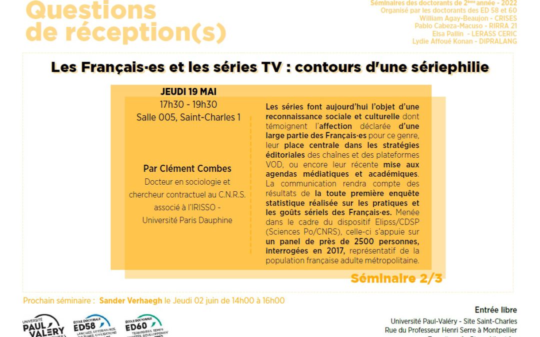 Clément Combes invité du séminaire « Questions de réception(s) » le jeudi 19 mai à 17h30 sur le site Saint-Charles 1